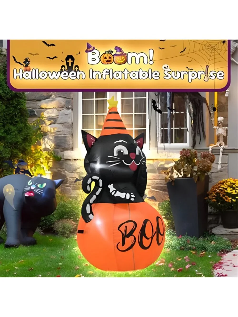 4FT Halloween Inflatable Decor Pumpkin Cat with LED Lights